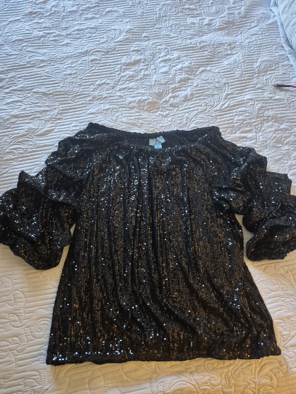 CeCe Black Sequin Off-Shoulder Ruffle Sleeve Top